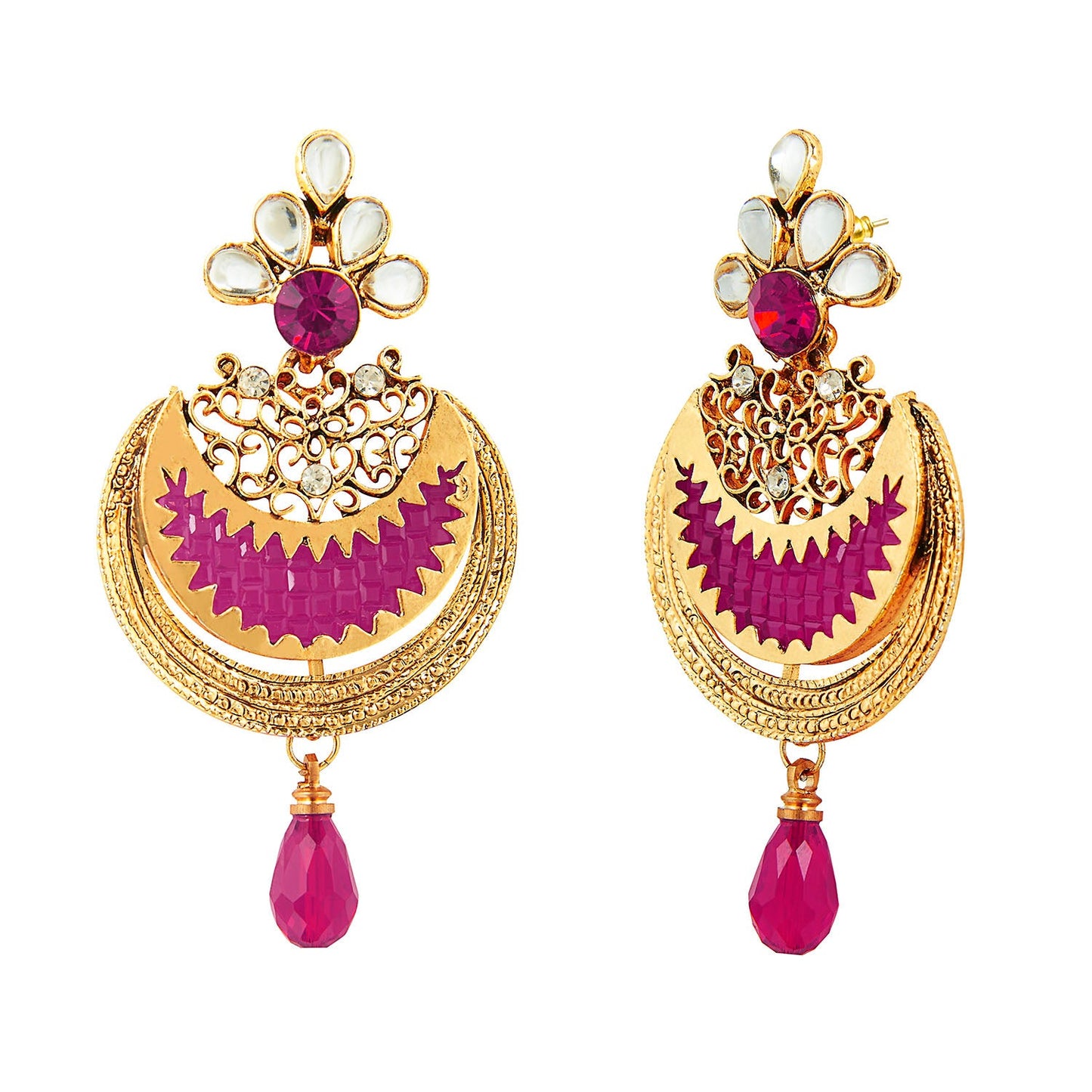 Traditional Hyderabadi Chandbali Earring With Pink Crystals And Pearls  (SJ_537)