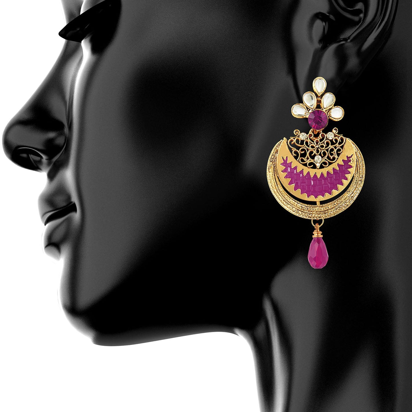 Traditional Hyderabadi Chandbali Earring With Pink Crystals And Pearls  (SJ_537)