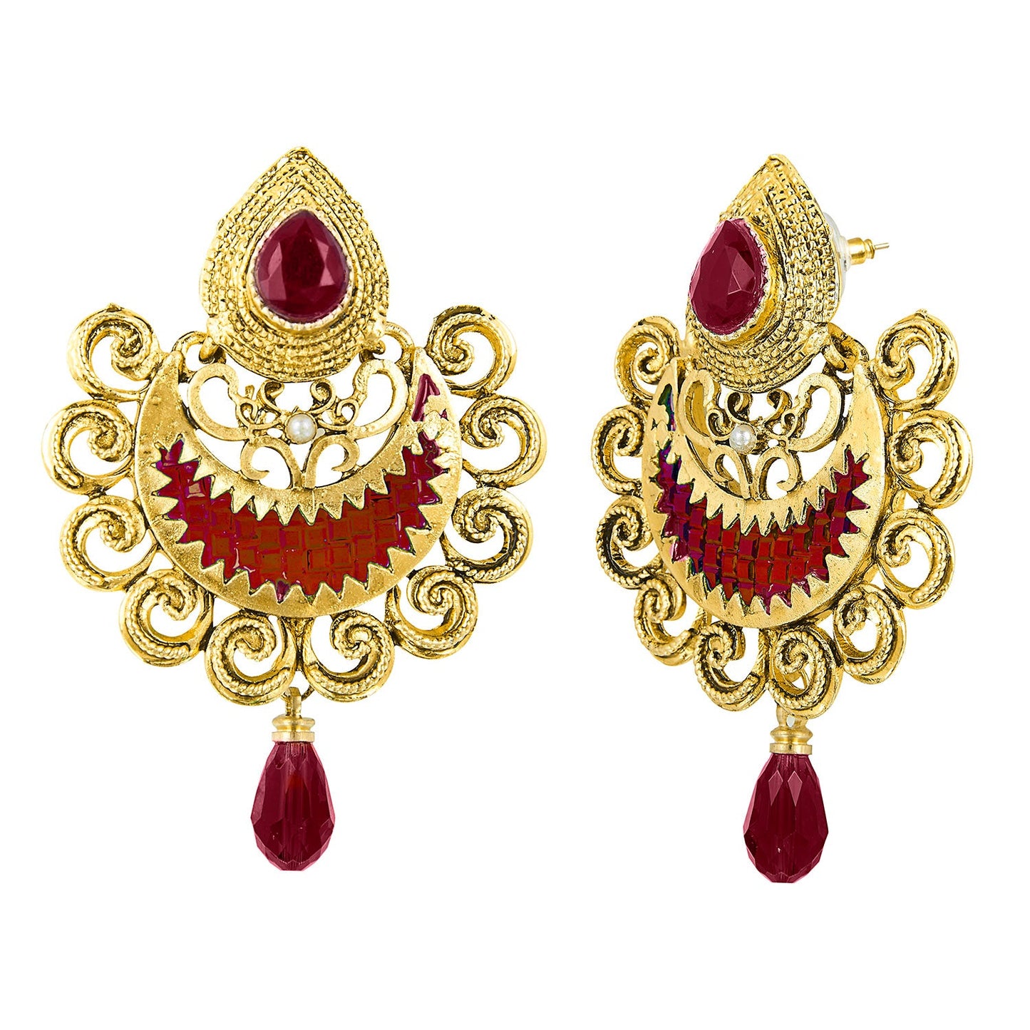 Traditional Hyderabadi Chandbali Earring With Red Crystals And Pearls  (SJ_548)