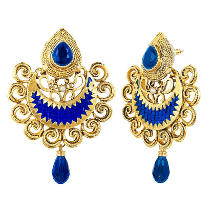 Traditional Hyderabadi Chandbali Earring With Blue Crystals And Pearls  (SJ_549)