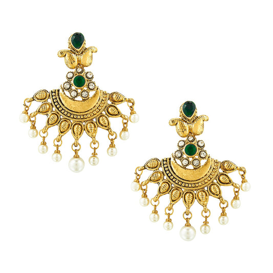 Traditional Hyderabadi Chandbali Earring With Green & Silver Crystals And Pearls  (SJ_550)