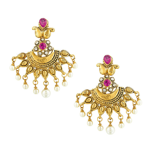 Traditional Hyderabadi Chandbali Earring With Pink & Silver Crystals And Pearls  (SJ_551)