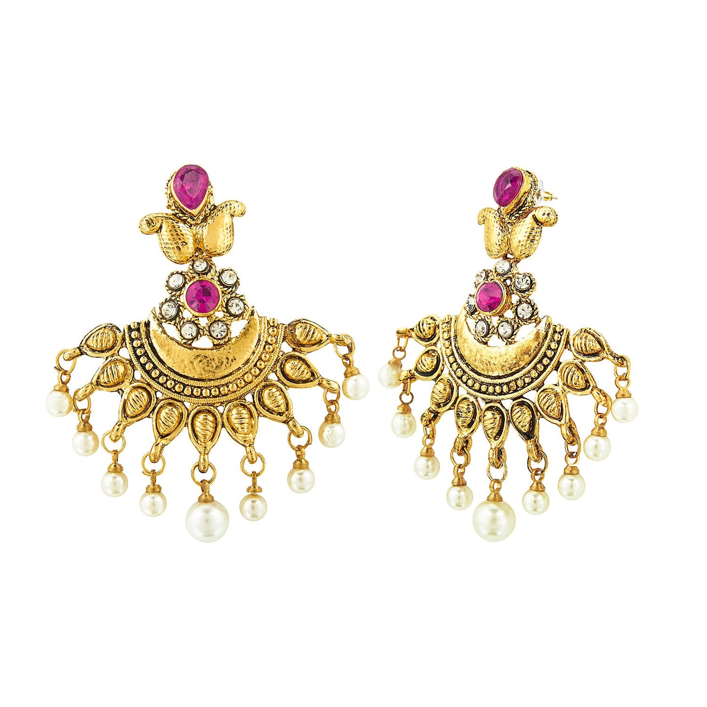 Traditional Hyderabadi Chandbali Earring With Pink & Silver Crystals And Pearls  (SJ_551)