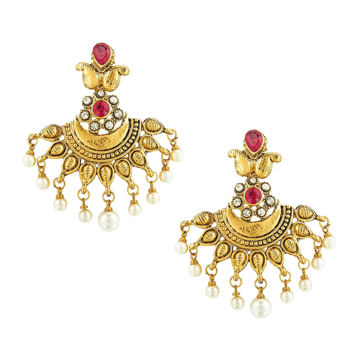 Traditional Hyderabadi Chandbali Earring With Red & Silver Crystals And Pearls  (SJ_553)