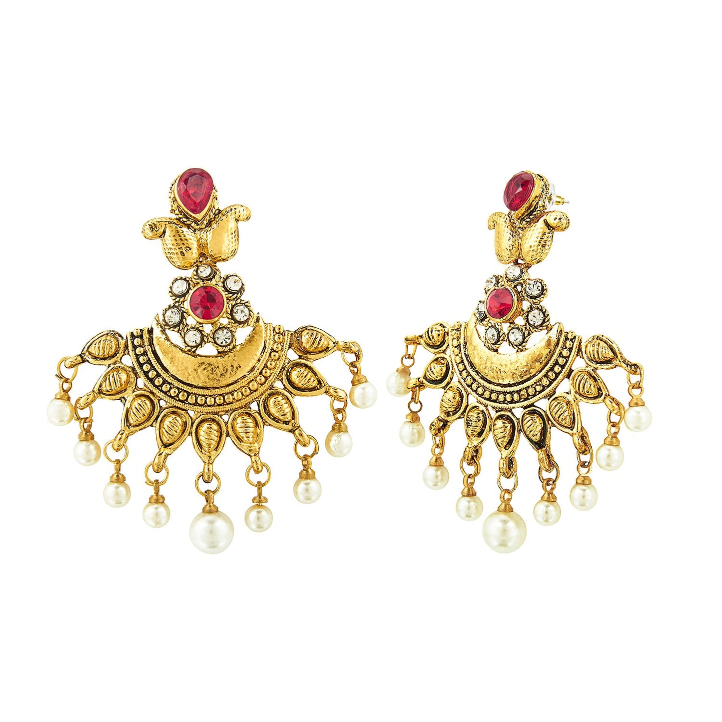 Traditional Hyderabadi Chandbali Earring With Red & Silver Crystals And Pearls  (SJ_553)