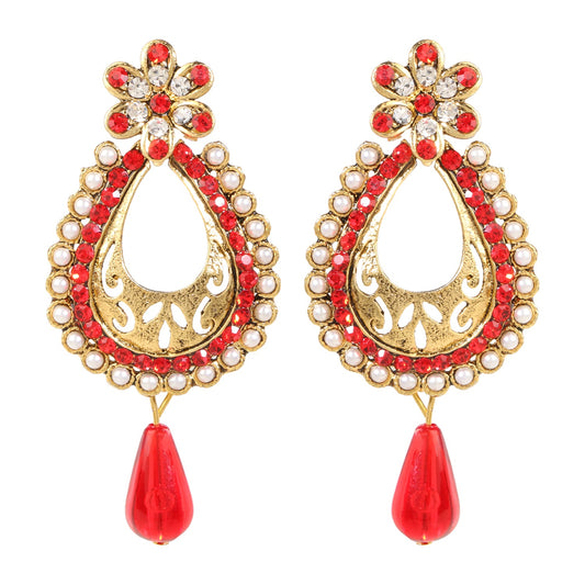 Traditional And Ethnic Drop Earring With Red Crystals And Pearls (SJ_603)