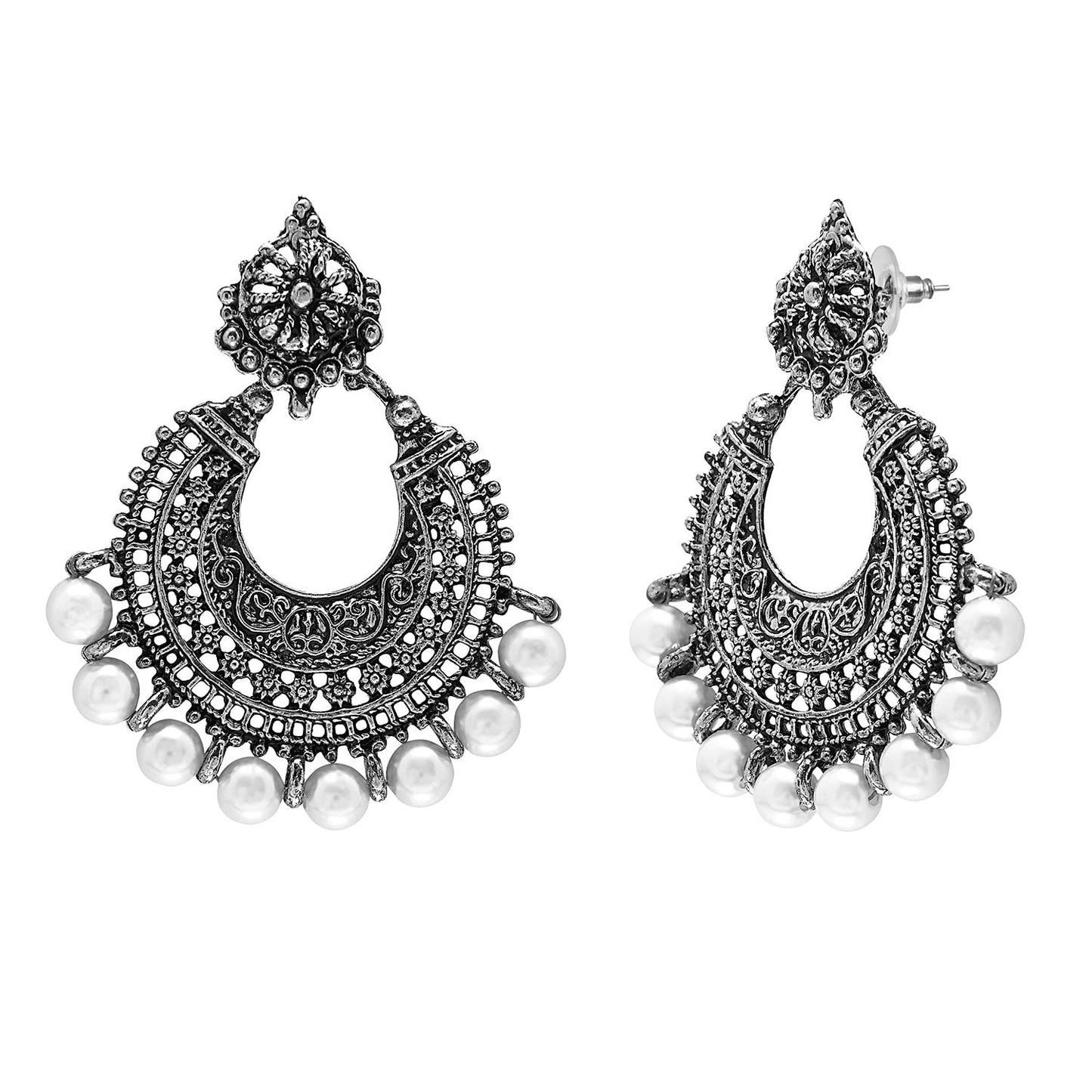 Antique Silver Traditional Hyderabadi Chandbali Earring With Pearls (SJ_711)