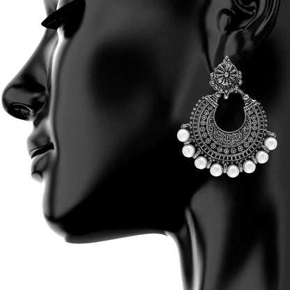 Antique Silver Traditional Hyderabadi Chandbali Earring With Pearls (SJ_711)